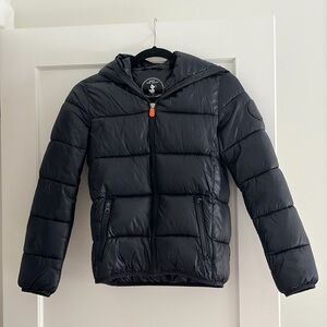 SAVE THE DUCK Boys Luck Black Hooded Puffer Jacket with Logo - Big Kids Size 12